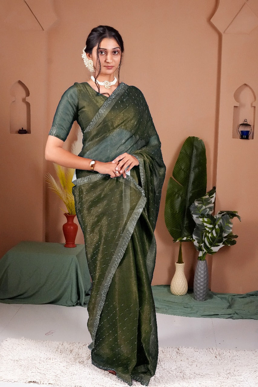 Cross Beeds Saree-Mehndi