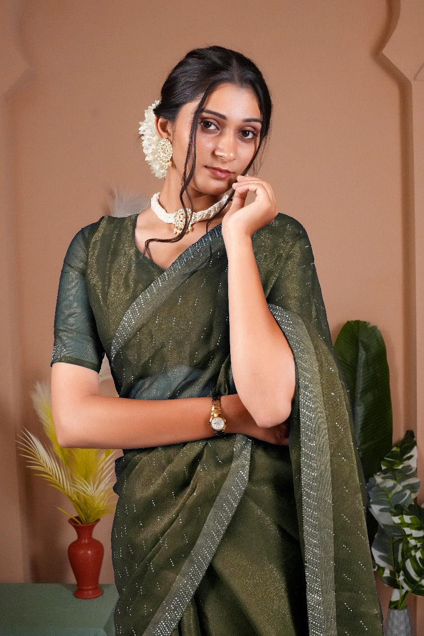 Cross Beeds Saree-Mehndi