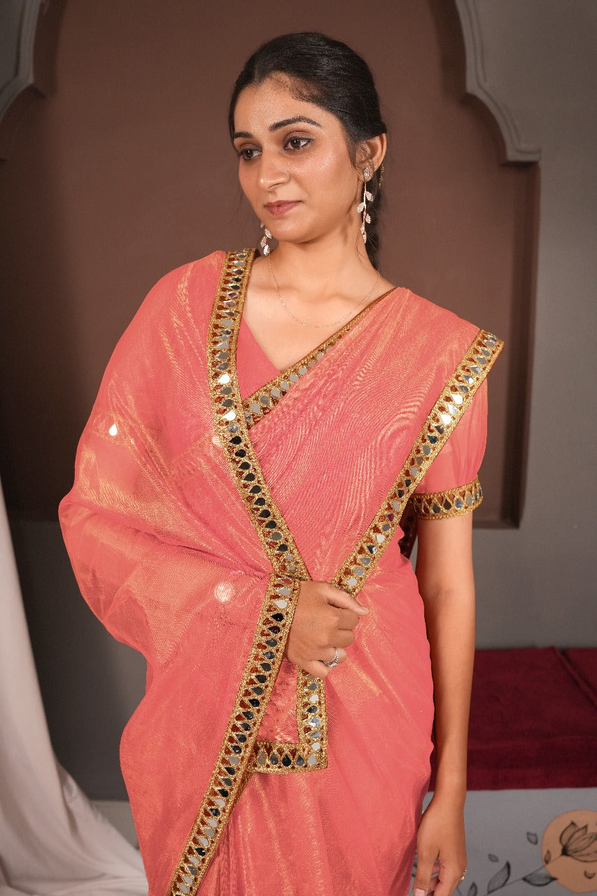 Cutwork Mirror Saree-Pink