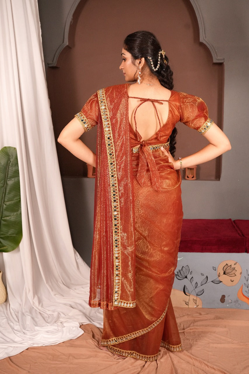 Cutwork Mirror Saree-Orange