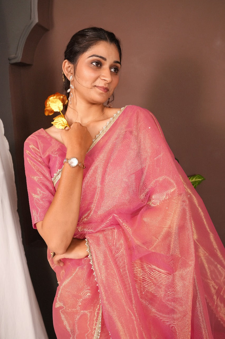 Gold Moti Saree-Pink