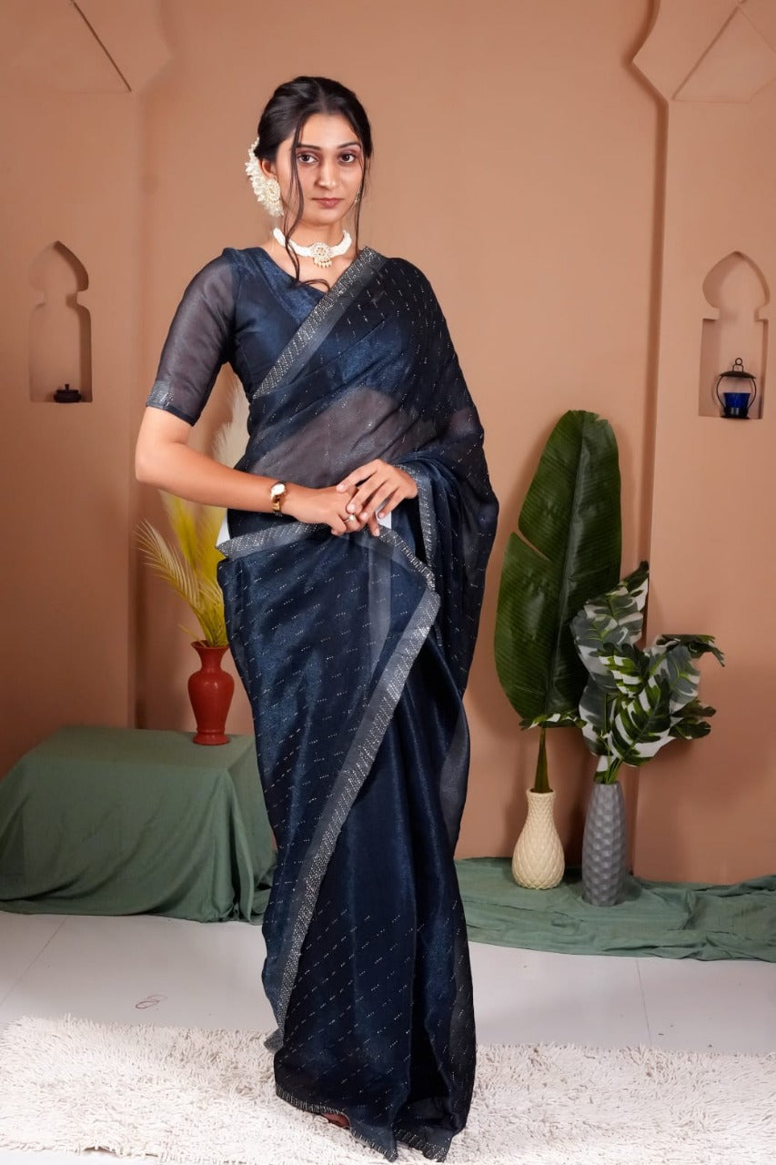 Cross Beeds Saree-Blue