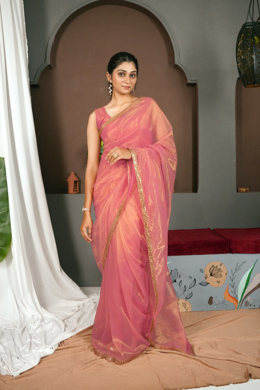 Rojgold Sequnce Lace-Peach