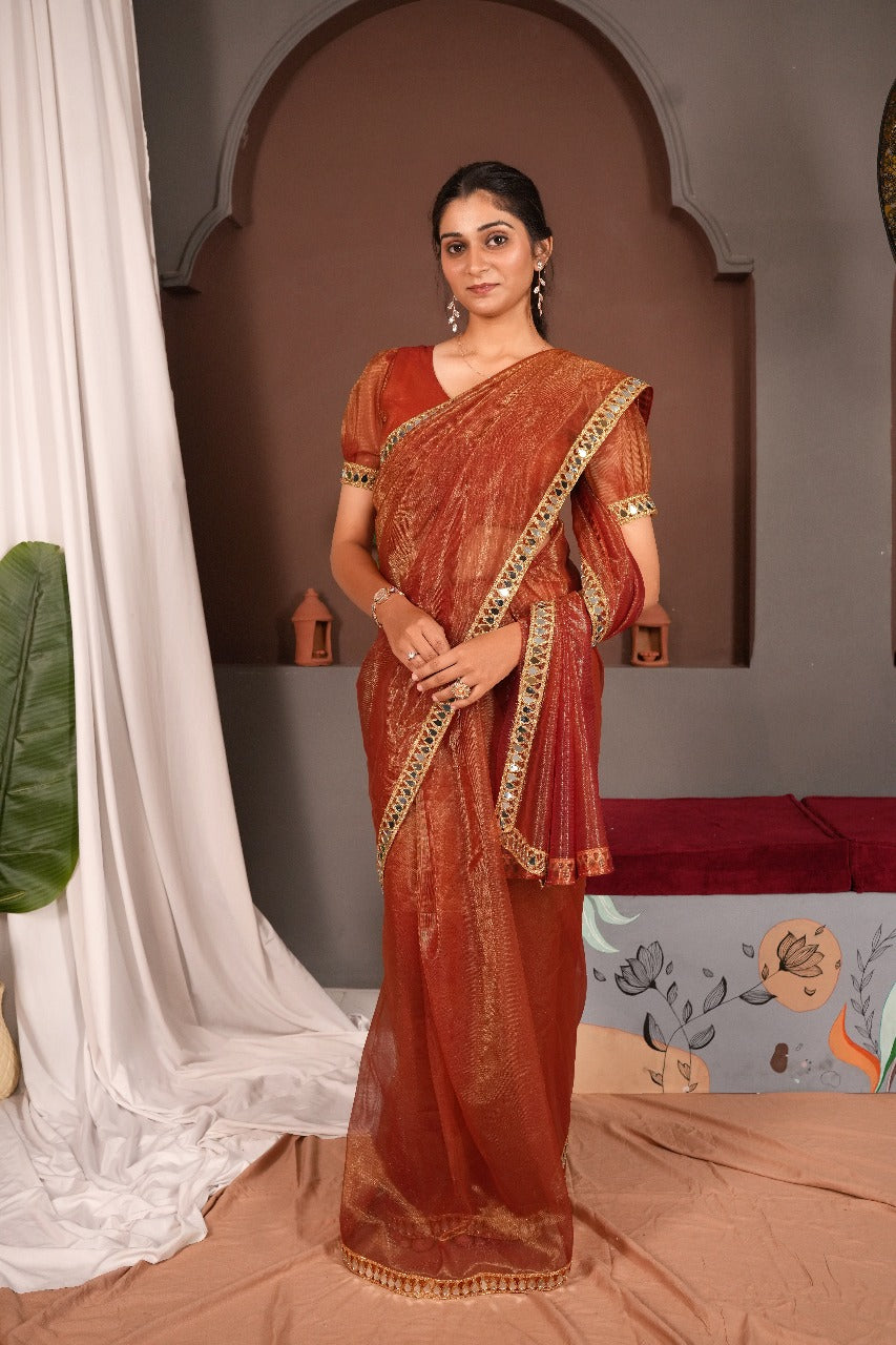 Cutwork Mirror Saree-Orange