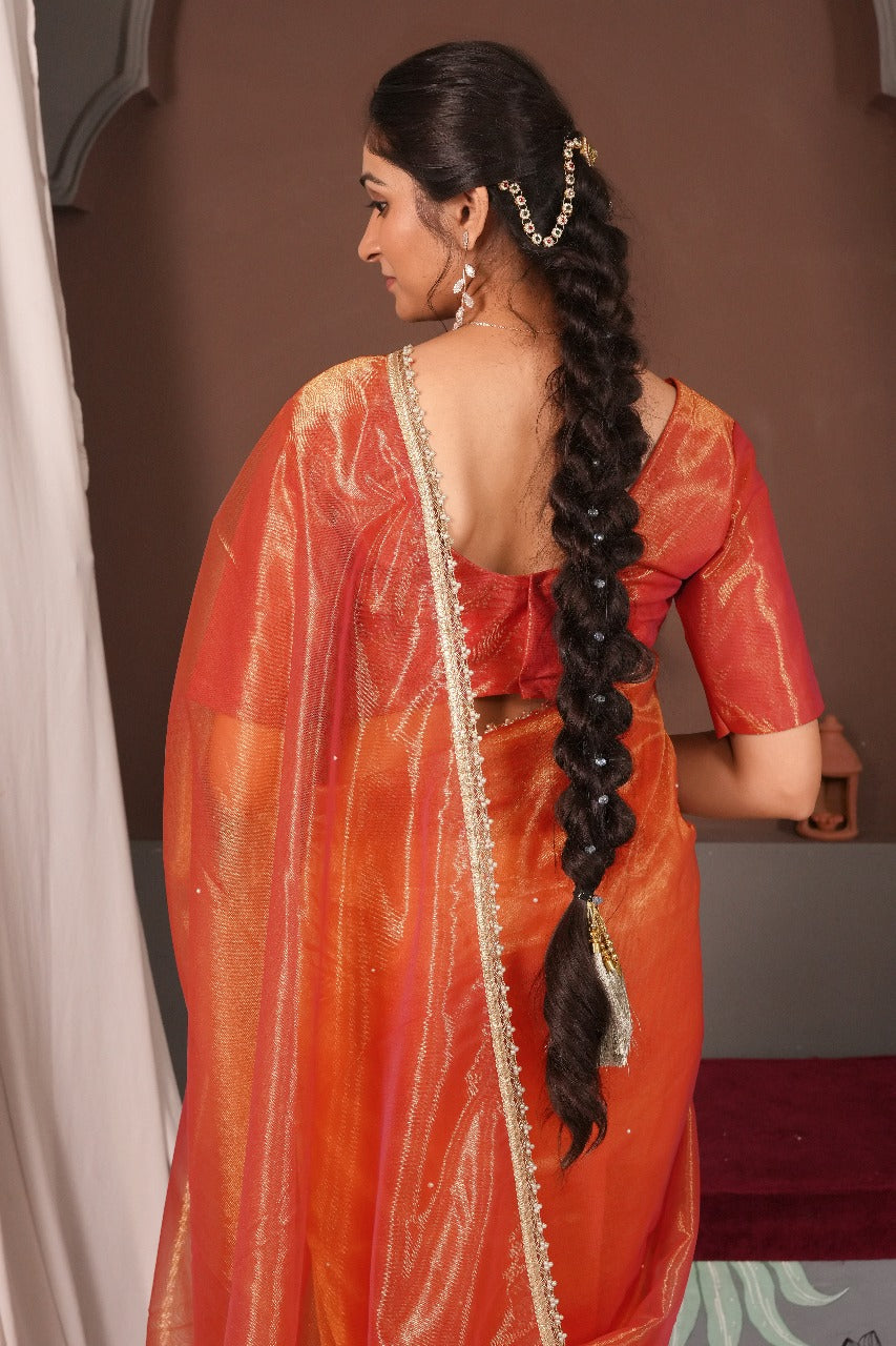 Gold Moti Saree-Orange