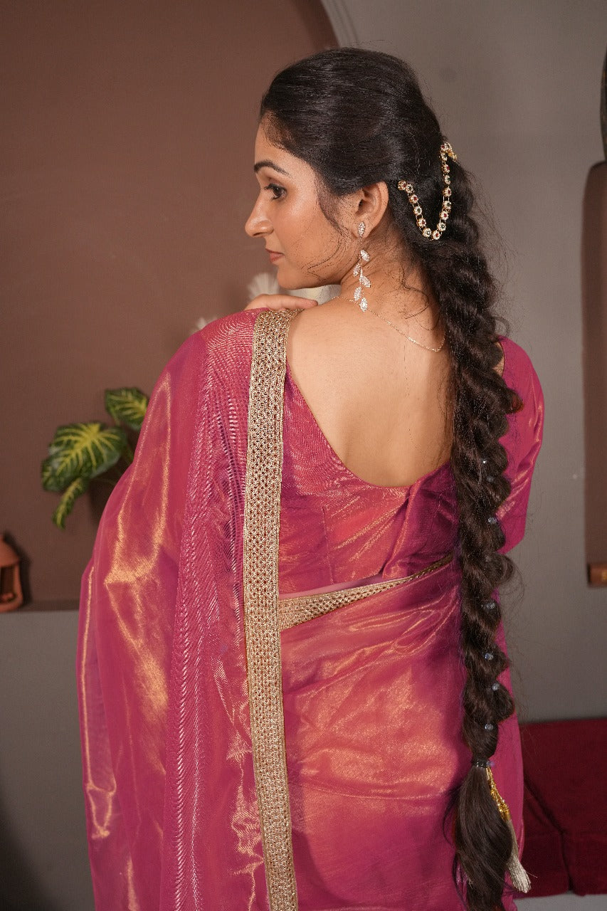 Golden Jal Saree-Pink