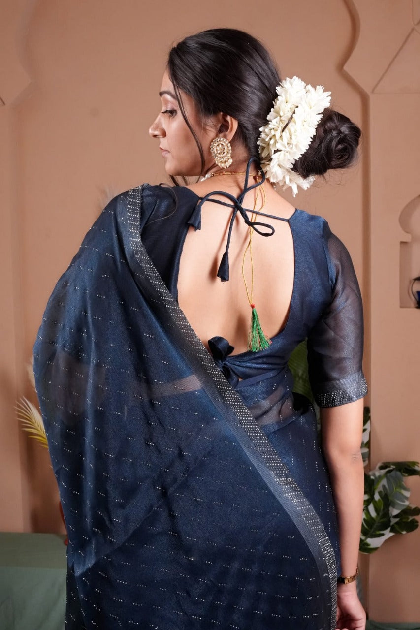 Cross Beeds Saree-Blue