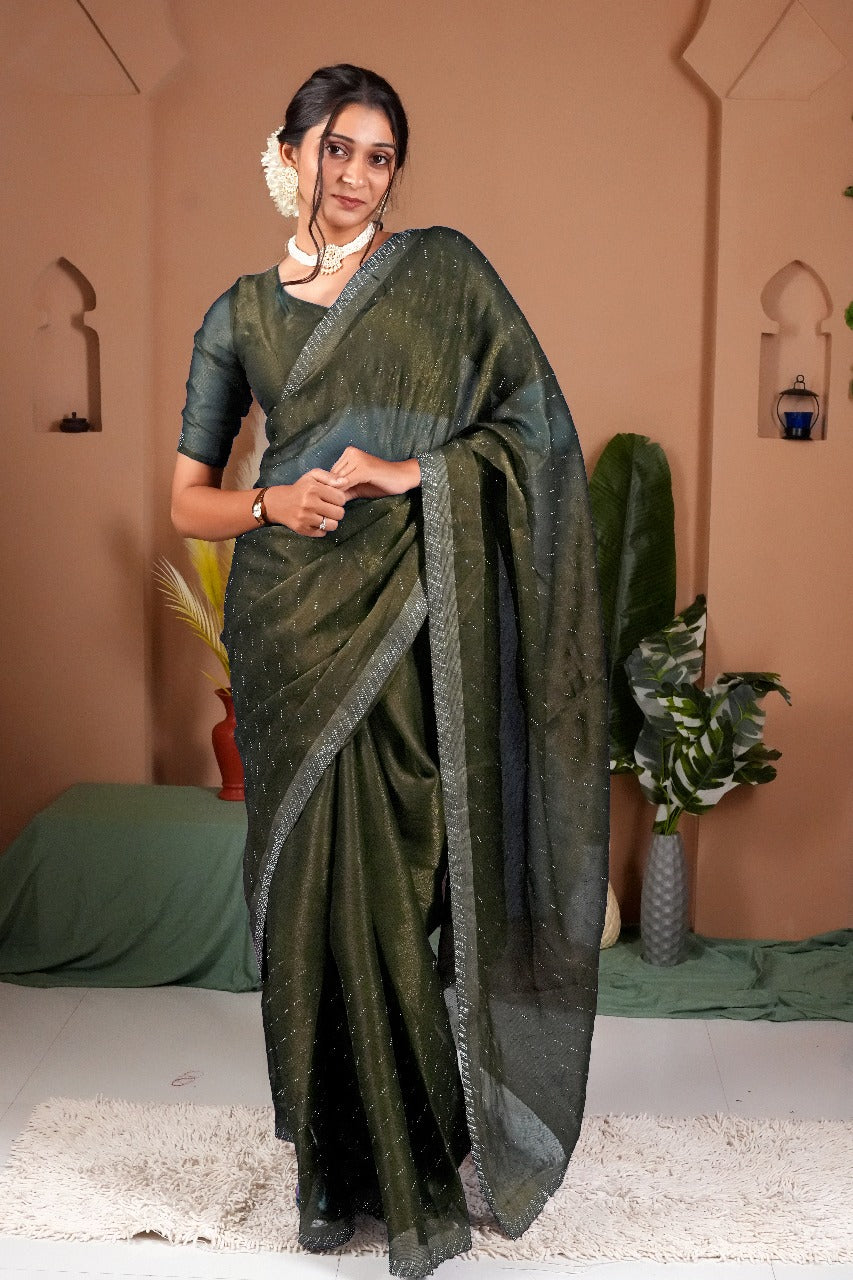 Cross Beeds Saree-Mehndi