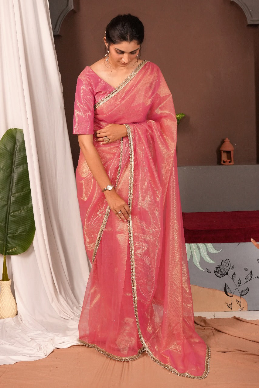 Gold Moti Saree-Pink