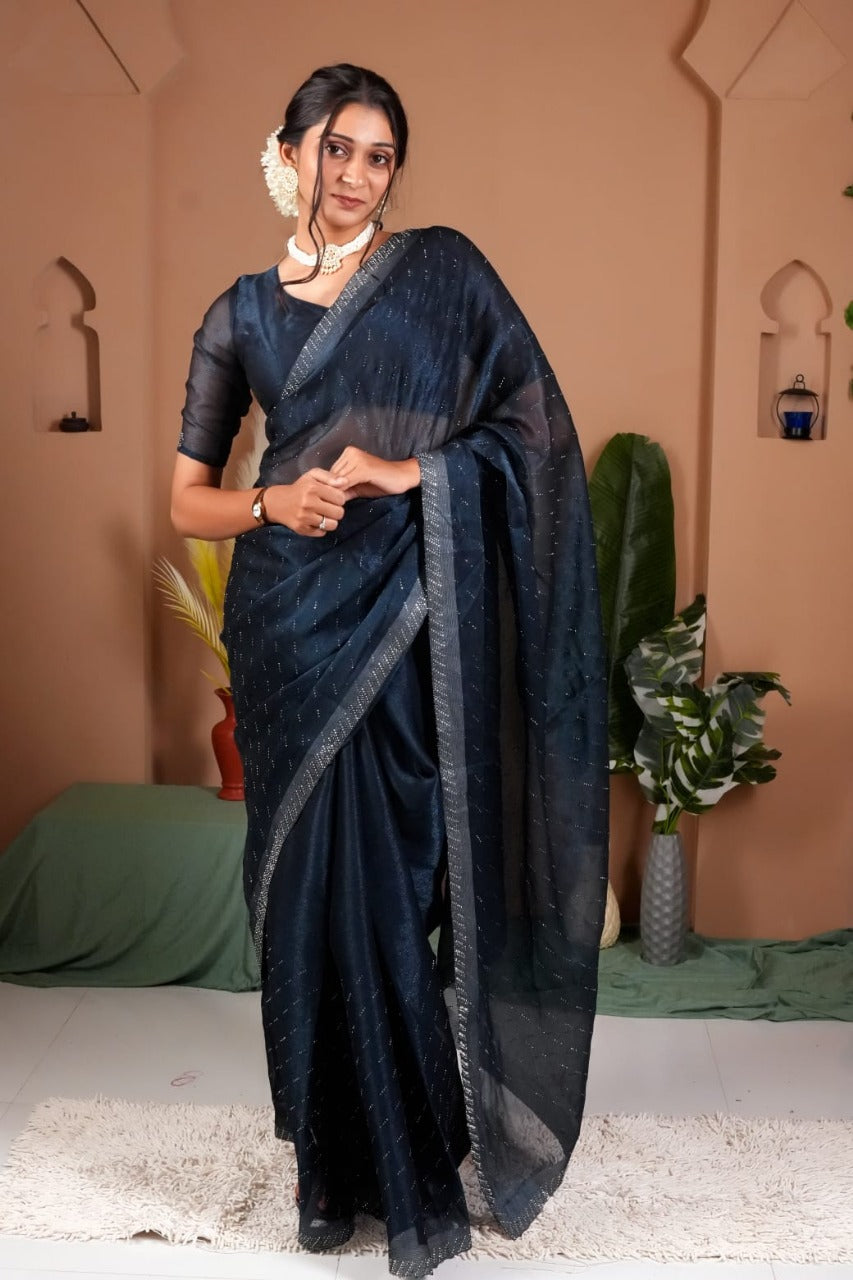 Cross Beeds Saree-Blue
