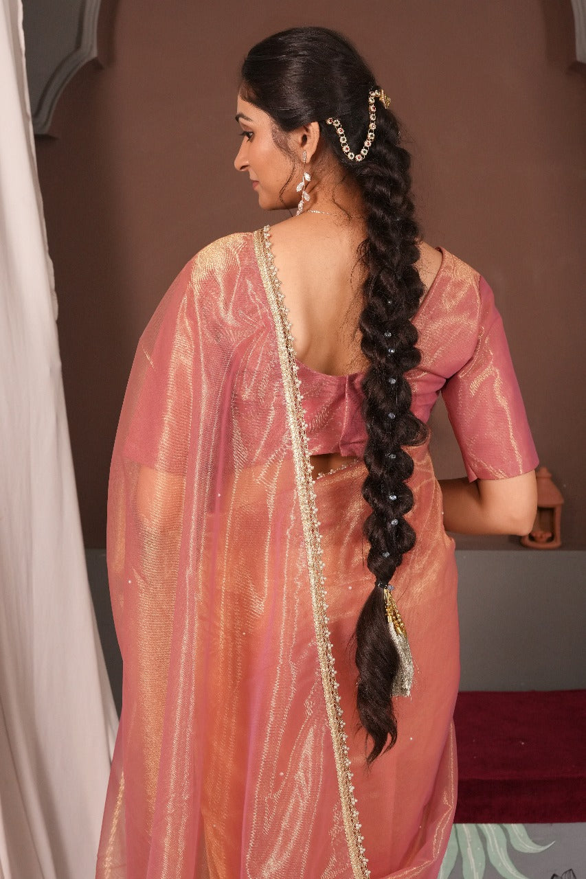Gold Moti Saree-Peach