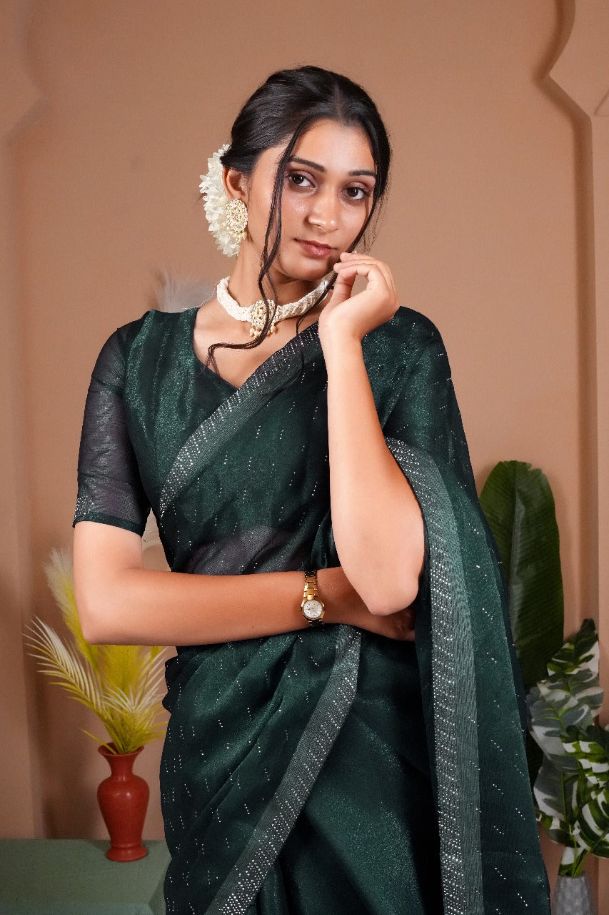 Cross Beeds Saree-Green