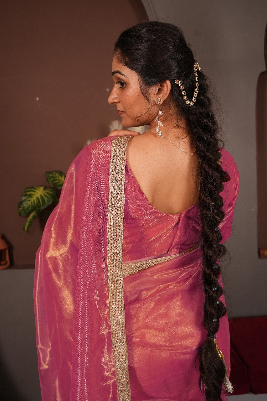 Golden Jal Saree-Peach