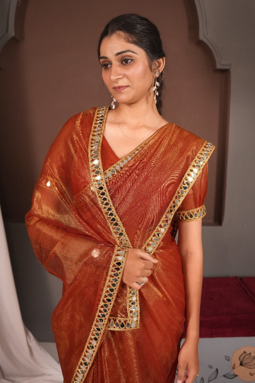 Cutwork Mirror Saree-Orange