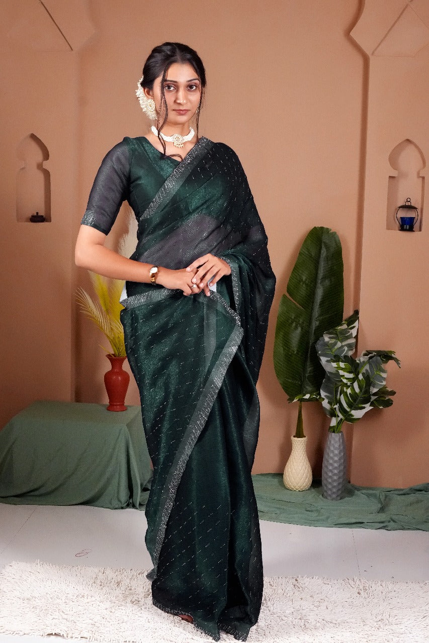 Cross Beeds Saree-Green