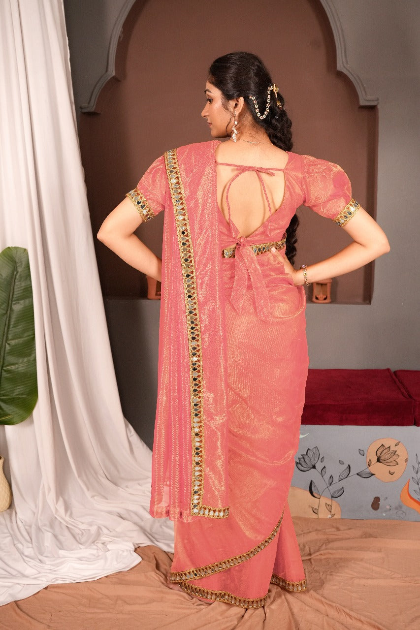 Cutwork Mirror Saree-Peach